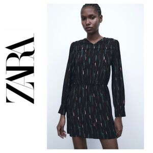 NWT Zara The Gabriela Dress Abstract Printed Long Sleeve Short Mini Dress, Small